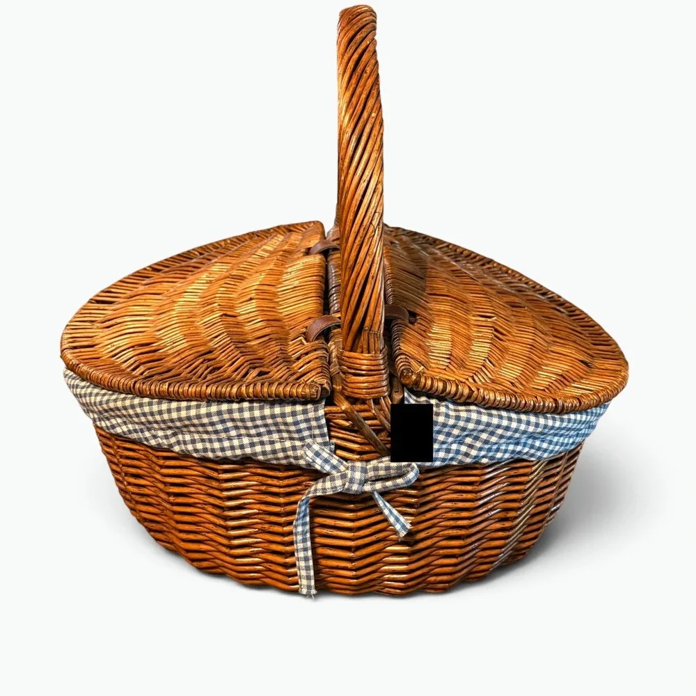 Cottagecore Wicker Picnic Basket Gingham Lined Double Lid Woven Hamper 18x13x9